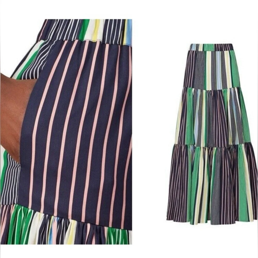 Tory Burch Multi-Colored Striped Maxi Skirt tiered style with pockets Large